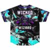Wicked Wizard baseball jersey back with three-headed dragon crest over teal and black marble swirl