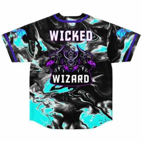 Wicked Wizard baseball jersey back with three-headed dragon crest over teal and black marble swirl
