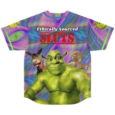 Back view of holographic swirl print with muscular green ogre, donkey, and gingerbread cartoon graphic