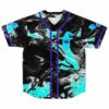 Black liquid marble rave baseball jersey with teal swirl and wizard hat graphic front view
