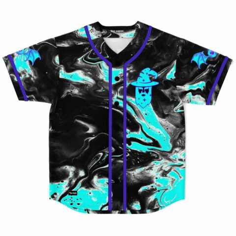 Black liquid marble rave baseball jersey with teal swirl and wizard hat graphic front view