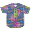 Front view of iridescent rainbow swirl baseball jersey with green ogre cartoon sleeve patches