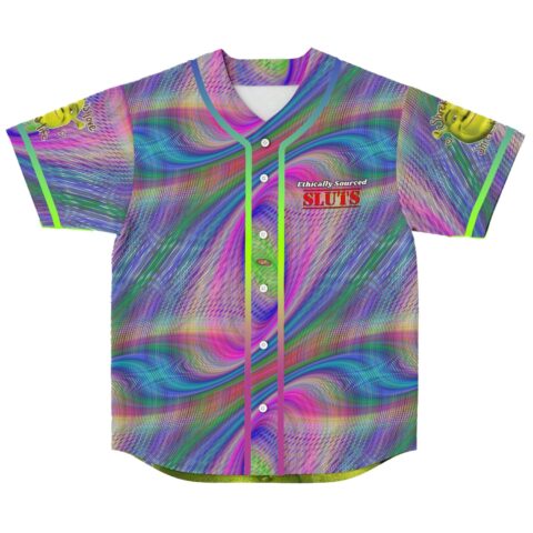 Front view of iridescent rainbow swirl baseball jersey with green ogre cartoon sleeve patches