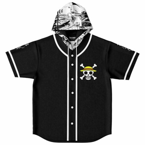 Black straw hat skull hooded baseball jersey with manga-print hood front view