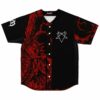 Black baseball jersey with red demonic creature print and white pentagram on chest, front view