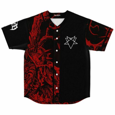 Black baseball jersey with red demonic creature print and white pentagram on chest, front view