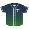 Navy to green gradient baseball jersey with white T logo front view flat lay