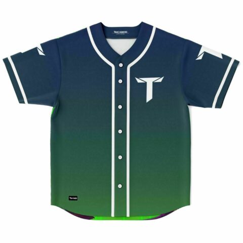 Navy to green gradient baseball jersey with white T logo front view flat lay
