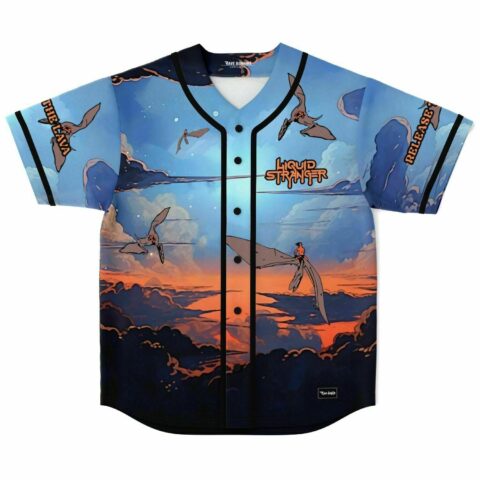 Front view of baseball jersey with sunset sky and flying pteranodon riders design