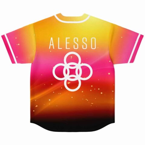 Cosmic rave jersey back view with ALESSO text above white flower ring logo on fade