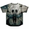 Back view of ghostly horned mask design with sword and swirling teal hair
