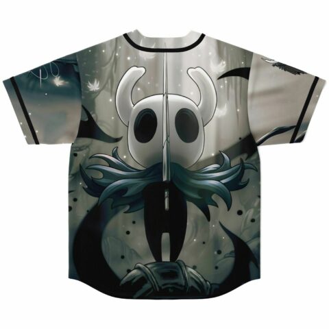Back view of ghostly horned mask design with sword and swirling teal hair