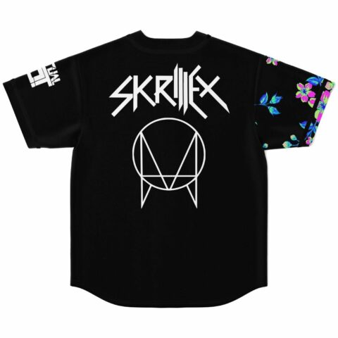 Back view of jersey with bass-inspired lettering and geometric emblem above floral sleeve panel