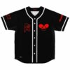 Black baseball jersey with red mouse-head icon and DJ-inspired sleeve text, front view