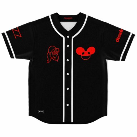 Black baseball jersey with red mouse-head icon and DJ-inspired sleeve text, front view