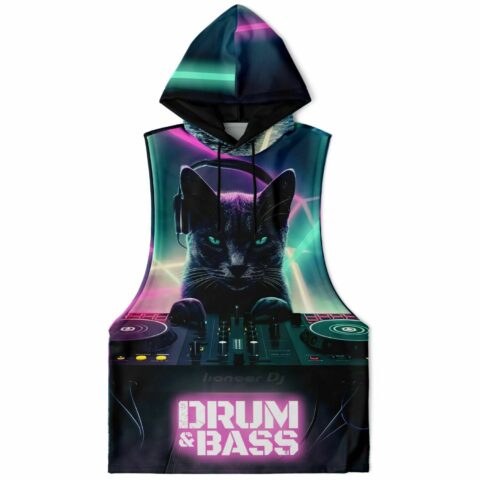 Colorful sleeveless hoodie with cartoon-style cat at turntables design