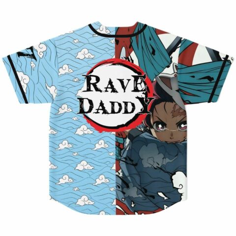 Sky blue cloud print rave jersey back view with Rave Daddy text graphic
