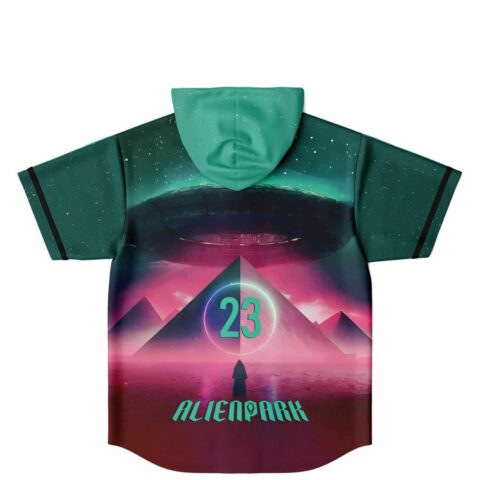 Alienpark UFO pyramid desert print on back of hooded rave jersey with number 23
