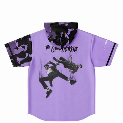 Back view of lavender jersey with The Chainsmokers text and jumping figures graphic below hood