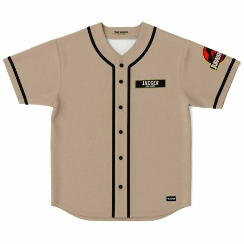 Tan dinosaur park baseball jersey with Jaeger park ranger name plate front view