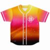 Sunset gradient rave baseball jersey with glowing star speckles and white flower ring emblem, front
