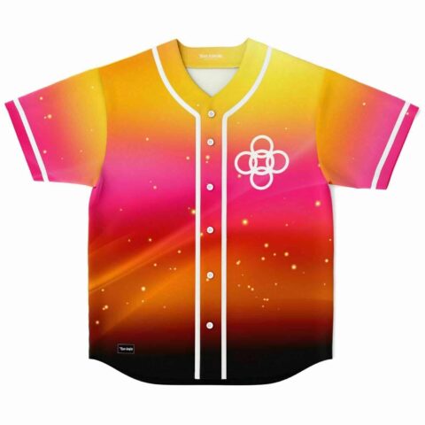 Sunset gradient rave baseball jersey with glowing star speckles and white flower ring emblem, front