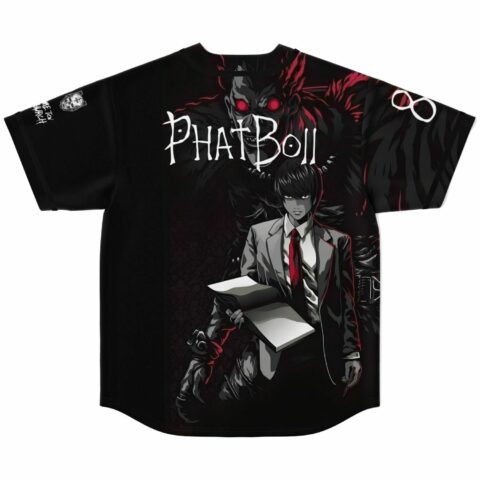 Back view of black jersey reading PhatBoii with dark anime-inspired figure and infinity symbol sleeve
