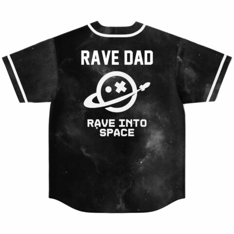 Back view of black galaxy jersey printed Rave Dad and Rave Into Space with planet