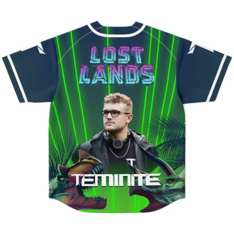 Back view of jersey showing Lost Lands text and Teminite graphic with dinosaur art