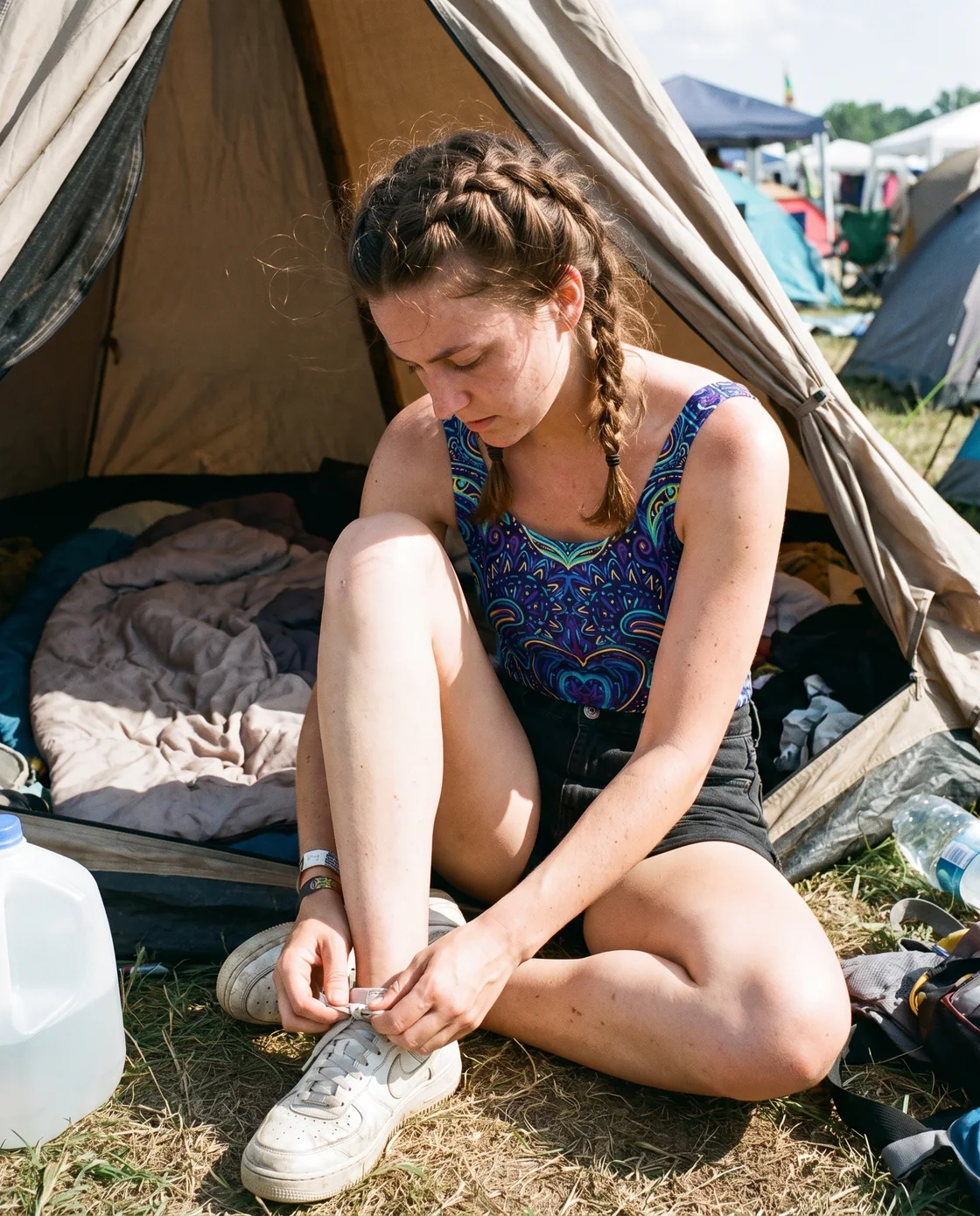 Woman wearing a psychedelic bodysuit with shorts and comfortable festival shoes