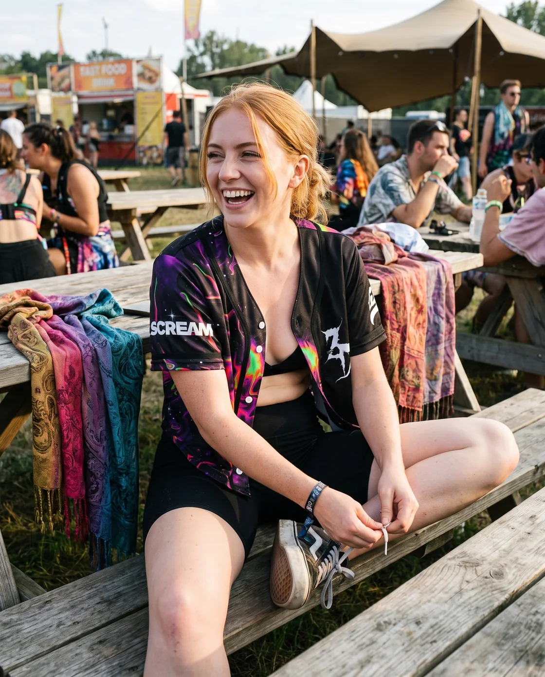Woman wearing a cropped rave baseball jersey with cycling shorts