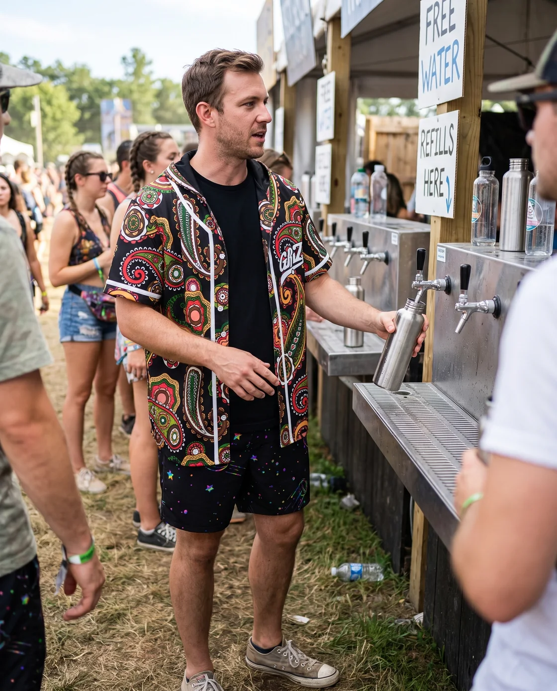 Man wearing a paisley hooded baseball jersey open over a tee with shorts