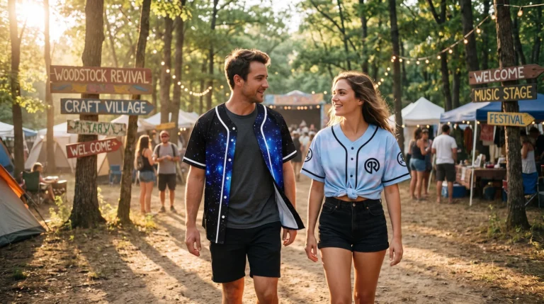 Friends in baseball jerseys walking through a daytime music festival