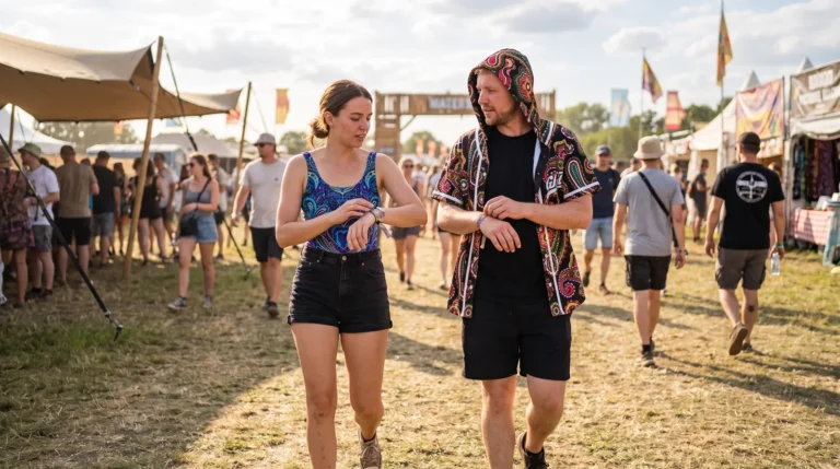Friends in a rave jersey and a printed bodysuit walking through a daytime music festival crowd