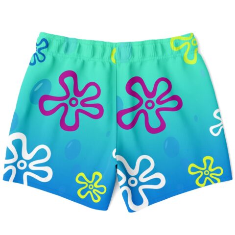 Teal blue outlined flowers rave swim trunks in flat lay showing back panel design