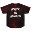 Deep red horror rave jersey back flat lay with Horror On Hennepin text