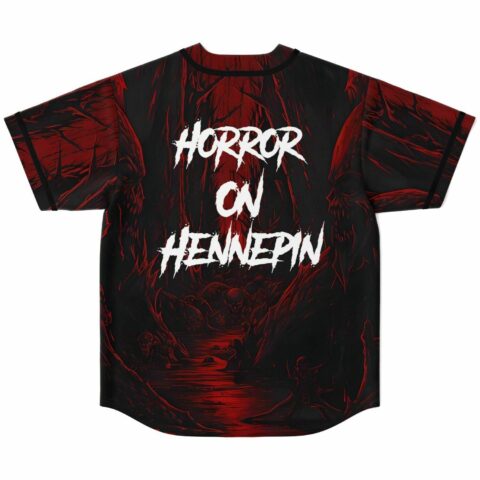 Deep red horror rave jersey back flat lay with Horror On Hennepin text