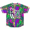 Back view of magenta psychedelic collage jersey showing full Peace Love and Wubz text over
