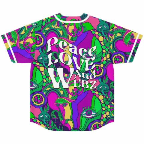 Back view of magenta psychedelic collage jersey showing full Peace Love and Wubz text over