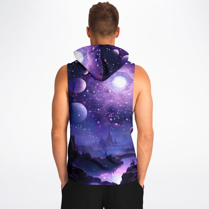 The back of a man wearing an Outerspace Sleeveless Hoodie.