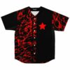 Black red paint rave baseball jersey with red star patch flat lay front view