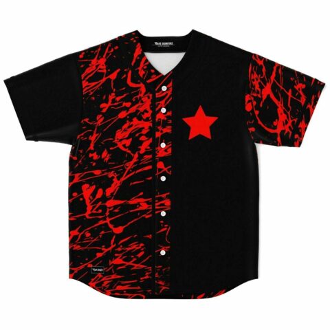 Black red paint rave baseball jersey with red star patch flat lay front view