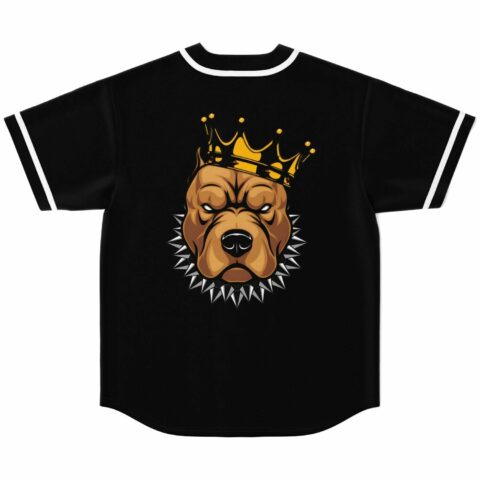 Crowned pitbull graphic with spiked collar on black rave baseball jersey back view