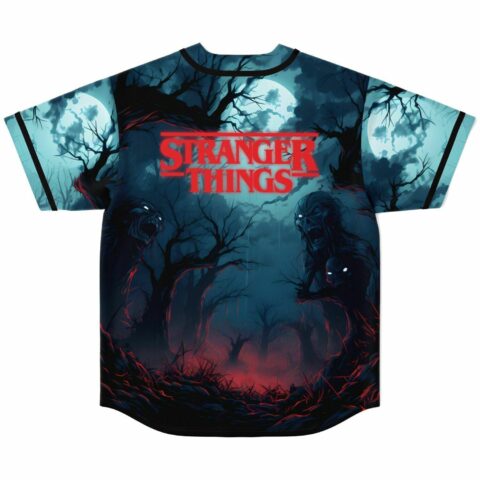 Back view of dark teal eerie forest jersey with red text and creature print
