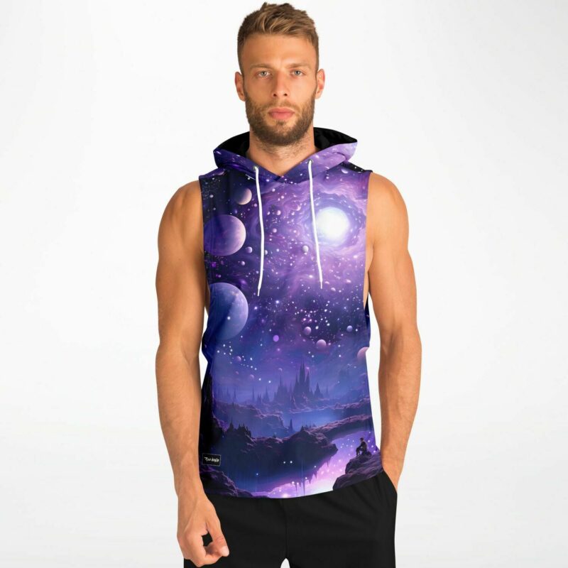 A man wearing an Outerspace Sleeveless Hoodie with a galaxy print.