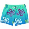 Cartoon-style flower print swim trunks in teal to blue gradient with white drawstring, front view