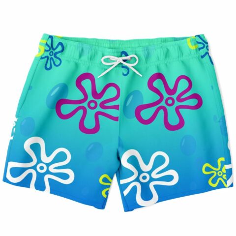 Cartoon-style flower print swim trunks in teal to blue gradient with white drawstring, front view