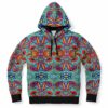 Teal kaleidoscope doodle rave hoodie front view with black drawstrings and ribbed cuffs