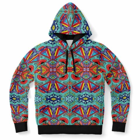 Teal kaleidoscope doodle rave hoodie front view with black drawstrings and ribbed cuffs
