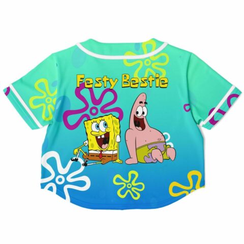 Back view of cropped baseball jersey with bright characters and text.